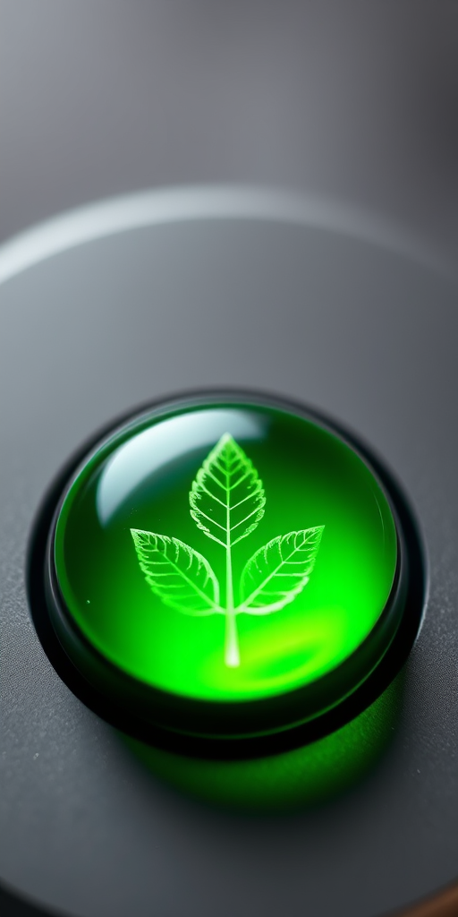 Create a vibrant green button with a leaf icon, high resolution, shot with a Canon EOS R5 at f/8, ISO 100, 1/250s, using a macro lens to capture detail and enhance clarity.