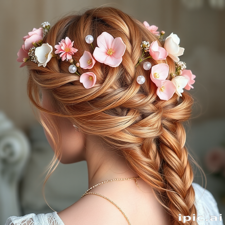 Enchanting rose gold fairy braid titled Blossom Whimsy showcasing an intricate crown braid embellished with delicate silk flowers and shimmering rose quartz beads for a romantic ethereal aesthetic