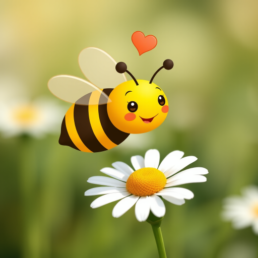 Generate a high-resolution illustration of a cartoon bee hovering over a daisy with a heart above it, use a Canon EOS R5 with a 50mm f/1.2 lens, aperture set to f/4 for sharp focus, 1/250 shutter speed for clarity, and natural soft lighting to enhance color vibrancy.