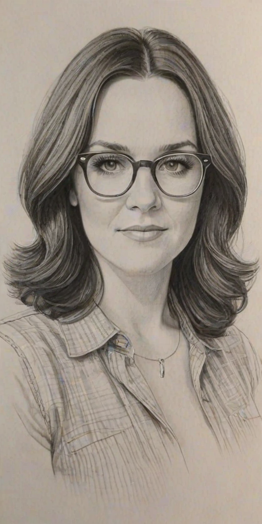 Fascinating Brandy Clark, pencil sketch, portrait of Magnificent woman 1968s in glasses, hair style beatnik, outline, clear lines, fine lines, 8k