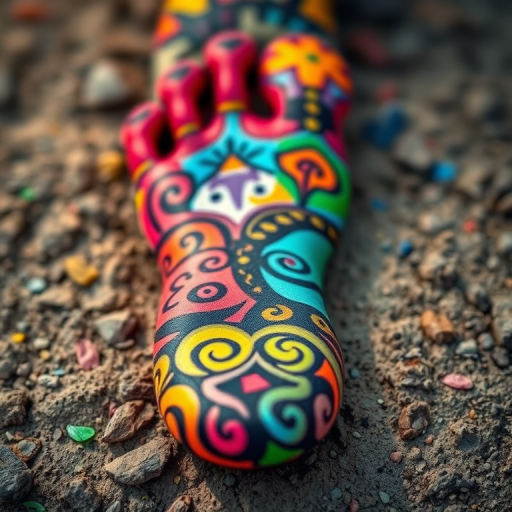 Create an abstract image of a colorful, stylized footprint with intricate patterns and designs, using a DSLR camera with a 50mm lens, aperture f/1.8, ISO 100, natural lighting, and a shallow depth of field for enhanced detail and vibrancy.