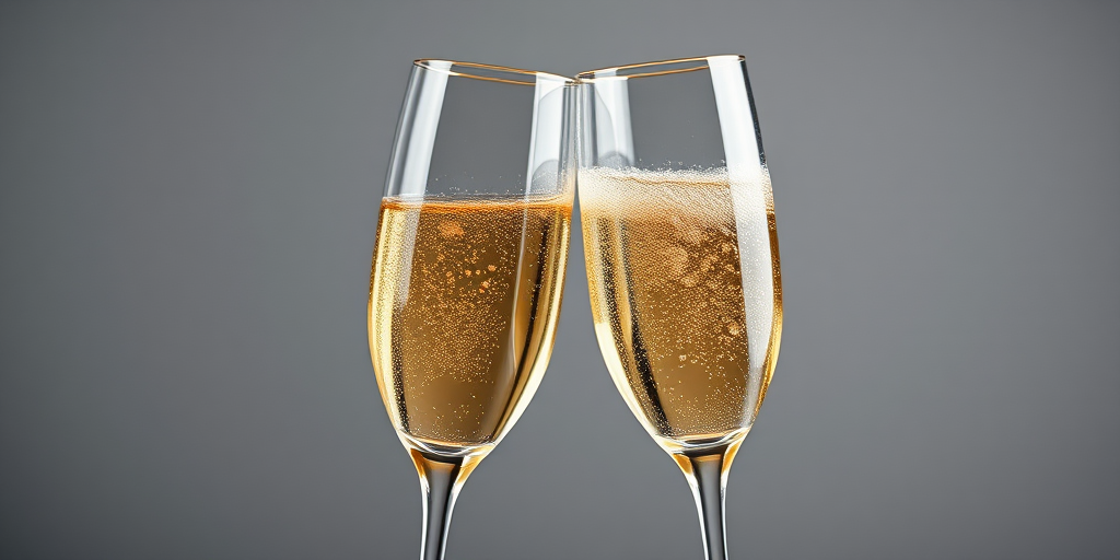 Create an image of two champagne flutes clinking together with bubbles visibly rising in the glasses, shot with a Canon EOS R5 at f/1.8, 1/200 sec, ISO 100, in a studio setting with soft lighting to enhance reflection and clarity.