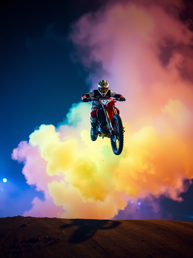 Create a dynamic action shot of a motocross rider in mid-air surrounded by colorful smoke and light trails, using a DSLR camera with a 50mm lens, f/2.8 aperture, ISO 200, shutter speed 1/1000s, taken from a low angle to emphasize height and motion.