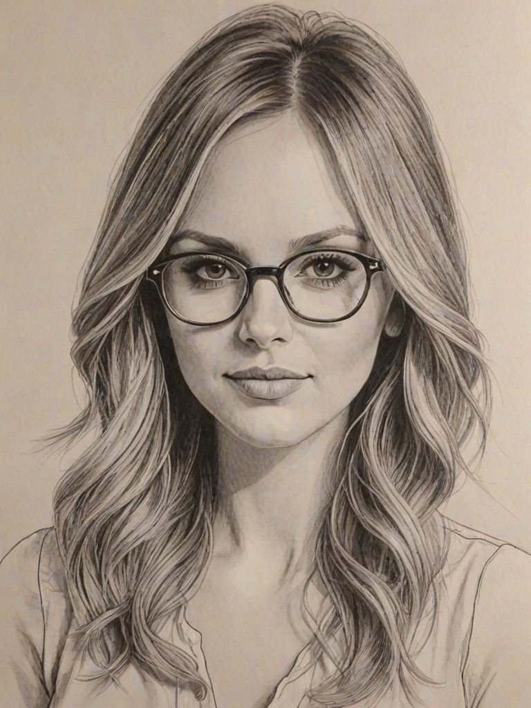 Gorgeous Carly Pearce, pencil sketch, portrait of Fetching woman 1973s in glasses, hair style beatnik, outline, clear lines, fine lines, 8k