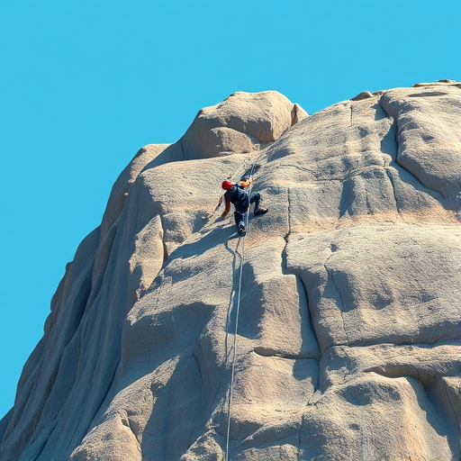 Create an illustration of a climber scaling a large rock face against a solid light blue background, using a Canon EOS R5 camera, 35mm lens, f/4 aperture, ISO 100, and a high dynamic range style for enhanced detail and vivid colors.