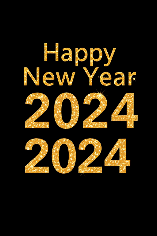 Create an image of "Happy New Year 2024" in golden letters with a shimmering effect on a black background, using a DSLR camera with a 50mm lens, f/1.8 aperture, ISO 100, and a shallow depth of field for enhanced clarity and richness in color.