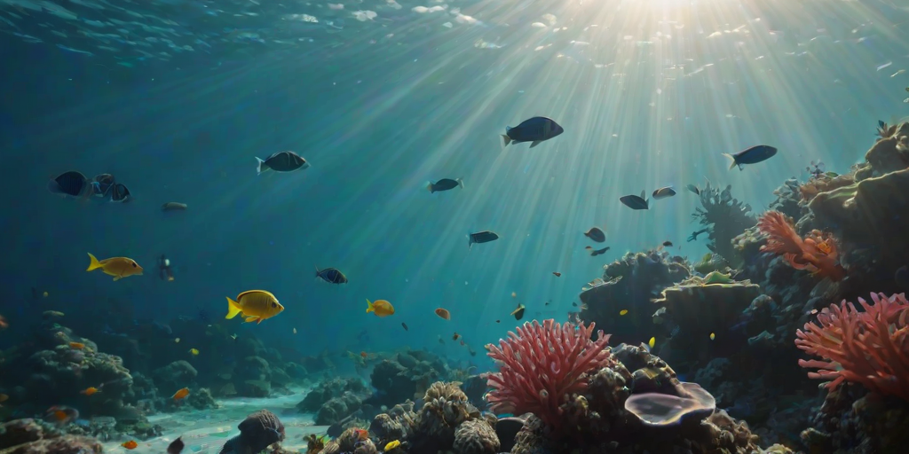 Vibrant underwater scene, showcasing a school of tropical fish swimming around a coral reef, with sunlight filtering through the water’s surface, creating a magical play of light and shadow.