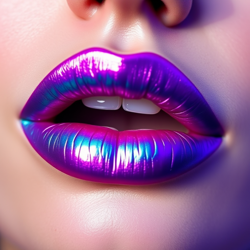 Duochrome lips shifting between teal and purple, creating a mesmerizing color-changing effect as the viewing angle changes, ideal for a mermaid-themed makeup look