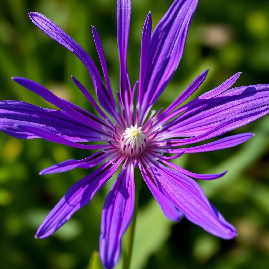 Regenerate an illustration of a vibrant purple flower with elongated petals and an intricate center, captured with a DSLR camera at f/2.8 aperture, 50mm lens, in macro view, using natural lighting to enhance detail and color saturation.