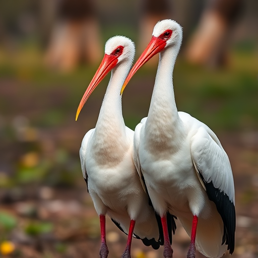 Two storks standing side by side in a natural environment, high resolution, shallow depth of field, 85mm lens, f/1.8 aperture, ISO 100, soft natural lighting, captured with a DSLR camera from a low angle perspective.