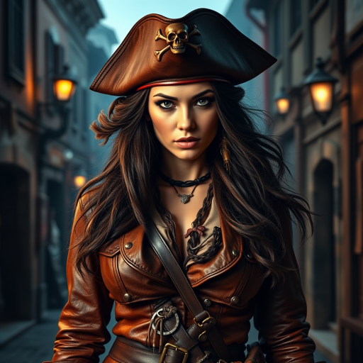 Create a portrait of a fierce female pirate. She wears a leather tricorn hat adorned with a skull and crossbones emblem, and her long, dark hair flows around her face. Her outfit consists of a richly detailed leather jacket, a corset, and multiple layers of belts and accessories, giving her a formidable and stylish appearance. She stands confidently in a dimly lit, historic port town, with a backdrop of weathered buildings and cobblestone streets, capturing the adventurous spirit of a pirate.