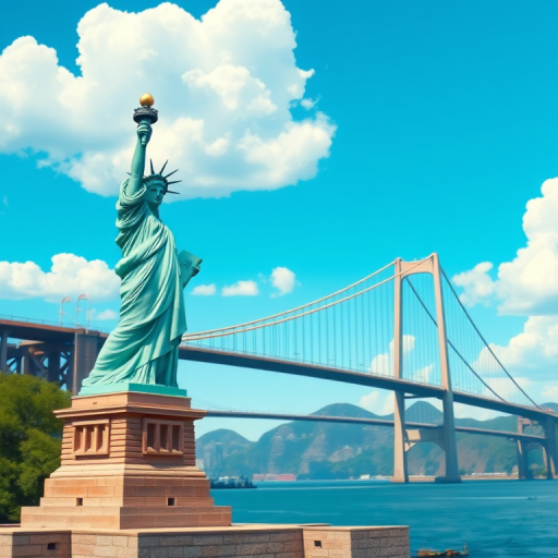 Create a vibrant and modern digital illustration of the Statue of Liberty in the foreground with a stylized suspension bridge in the background, bright blue sky with fluffy clouds, using a digital painting style, sharp focus, high resolution 300 dpi, 50mm lens, f/8 aperture, and soft natural lighting.