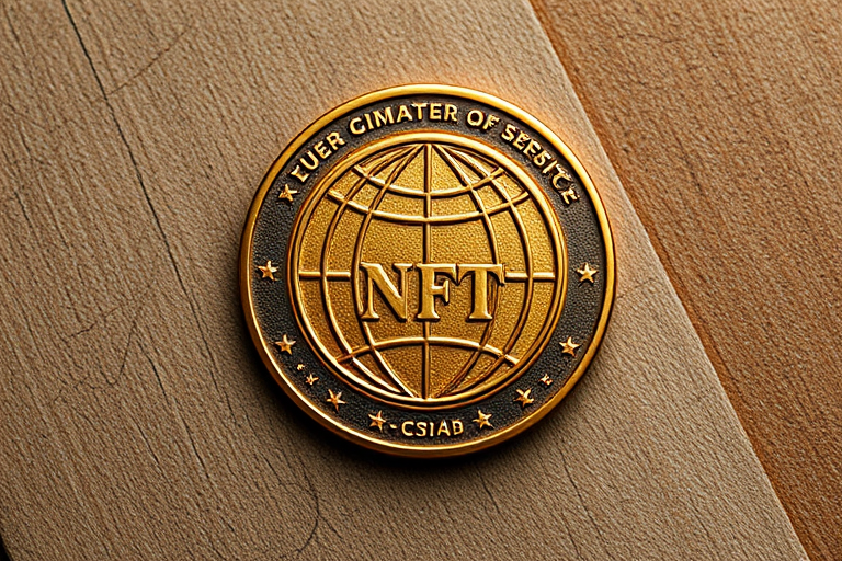 Generate a high-resolution image of a bronze coin with the word NFT surrounding a globe design, using a 50mm lens, aperture f/2.8, ISO 100, soft diffuse lighting, top-down view, and digital SLR camera.