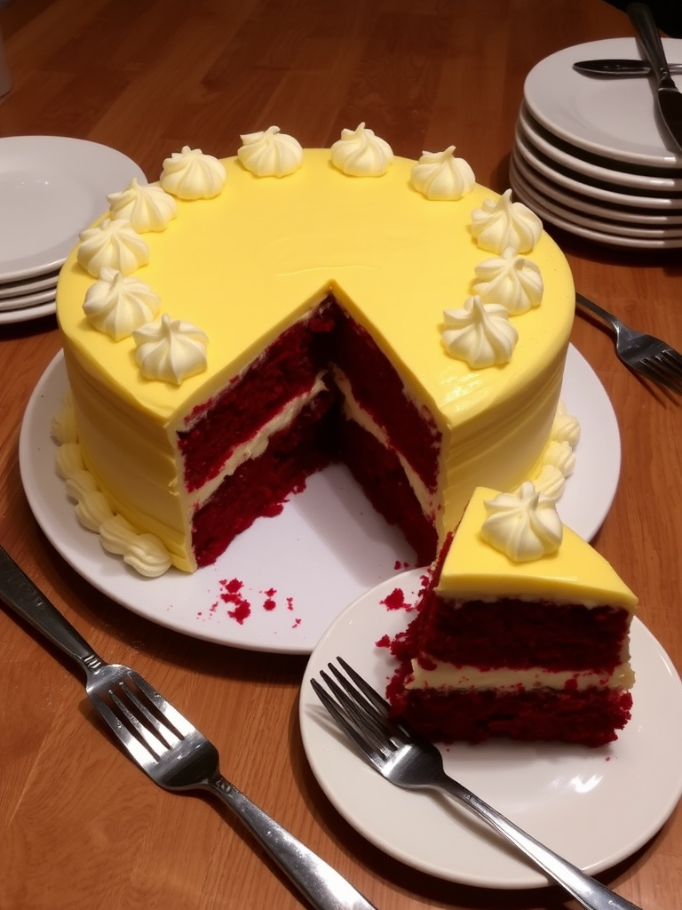 A beautifully decorated round cake with a yellow frosting and white chocolate curls on the sides sitting on a white plate with a slice cut out revealing layers of red velvet cake and creamy filling next to a fork and several stacked plates on a wooden table.