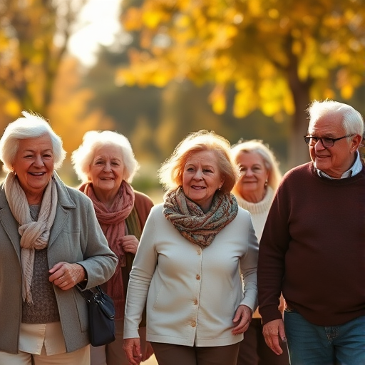 Group of diverse older adults walking together with smiles in a sunlit autumn setting, captured with a Canon EOS R5, 85mm f/1.8 lens, aperture f/2.8, ISO 100, shallow depth of field with a soft bokeh background to enhance image quality.