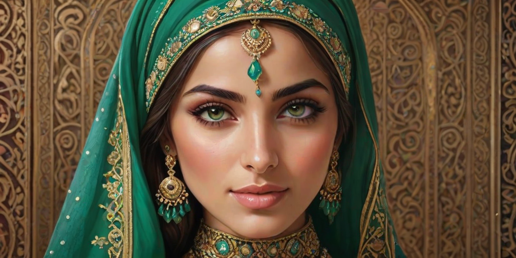 Create a portrait of a beautiful Arab woman with striking green eyes and a gentle expression. She is adorned in traditional attire with intricate patterns, including a richly embroidered headscarf and matching garments. Her jewelry includes a delicate headpiece, dangling earrings, and ornate bracelets, all featuring vibrant gemstones and detailed metalwork. The background is soft and warm, enhancing the rich colors of her outfit and jewelry.