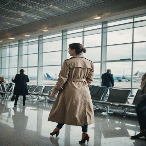 Bustling airport terminal, with people hurrying to their gates, a woman in a stylish trench coat stands by a large window, watching planes take off as she waits for her boarding call.