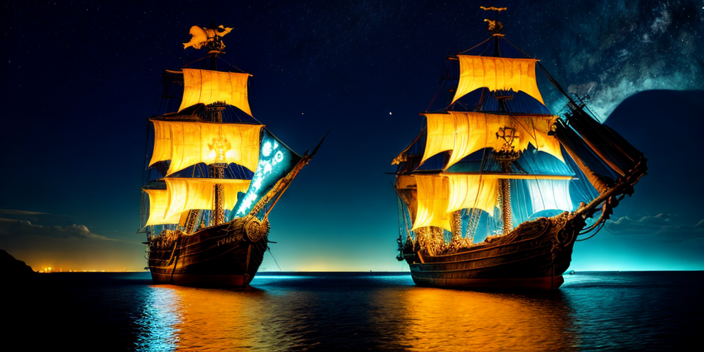 pirate ship at night with lighted windows coming into a cove, dark and ...