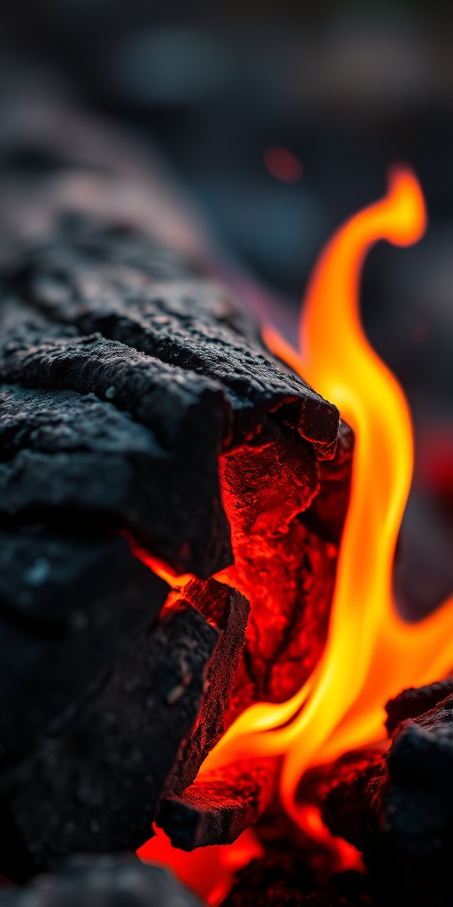 Create a close-up shot of a burning log with vibrant flames and detailed textures, taken with a Canon EOS R5 at f/2.8, ISO 100, 1/200s, natural light, shallow depth of field, emphasizing the contrasts in color and texture.
