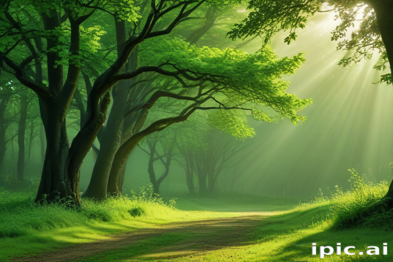 Sunlight Filters Through Lush Green Trees in a Serene Forest Pathway
