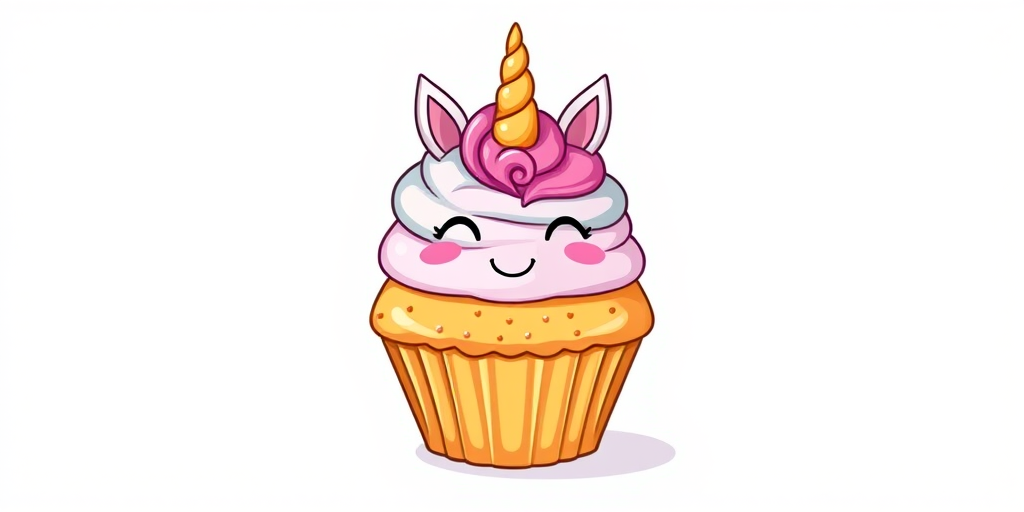 Create a colorful cartoon illustration of a smiling unicorn cupcake with pastel frosting, positioned in the center of a plain white background, captured with a DSLR camera at f/2.8 aperture, ISO 100, and a 50mm lens for a shallow depth of field and vibrant colors.