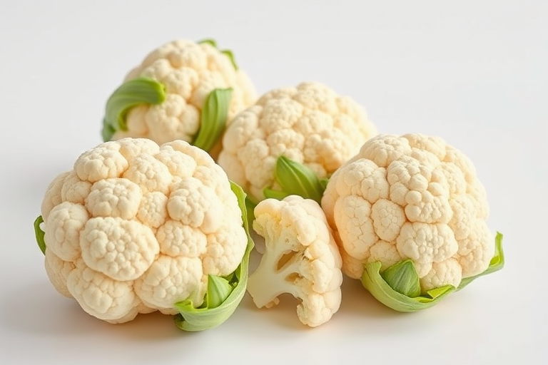 photograph of fresh cauliflower heads on a smooth white background, shallow depth of field, f/2.8 aperture, ISO 100, 50mm lens, natural lighting, DSLR camera