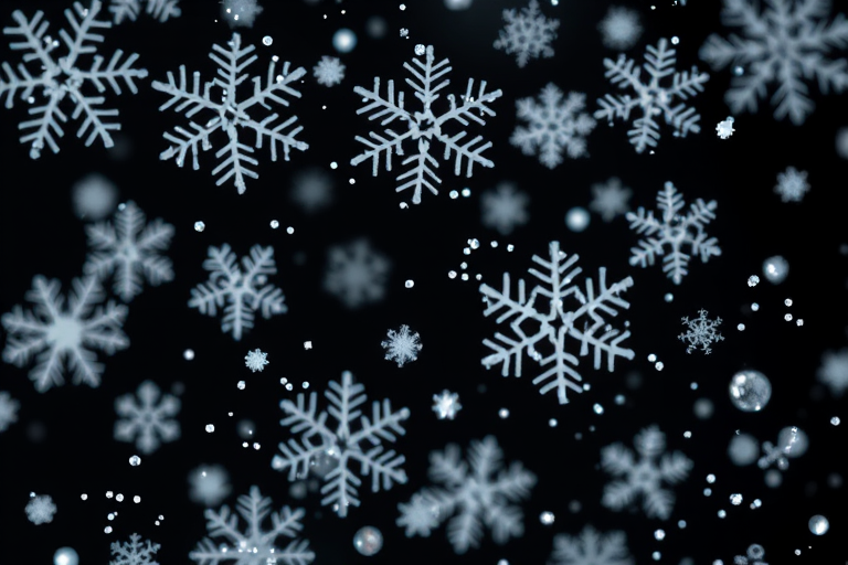Generate a winter scene with various snowflakes of different sizes and designs on a black background, using a DSLR camera with a 50mm lens, aperture set to f/2.8, ISO 100, and a shallow depth of field to emphasize the snowflakes, capturing a high-resolution image.