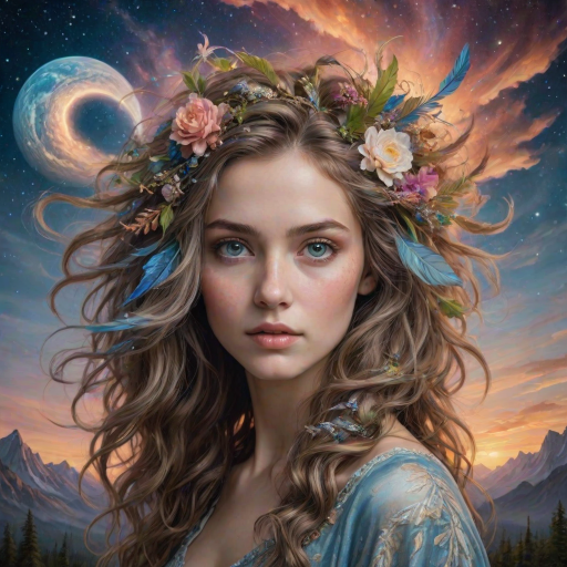 Create a series of imaginative portraits where each subject is infused with elements of fantasy and nature. The hair of the individuals should flow like clouds, varying from soft, fluffy cumulus to wispy cirrus strands, with hints of color reflecting a sunset or a clear blue sky. The eyes should be windows to entire galaxies, with stars, nebulae, and distant planets visible within them. Clothing should be adorned with nature motifs, such as floral patterns that bloom and change, vines that seem to grow and wrap around, or feathers that shimmer with iridescence. Each portrait should capture a unique personality, blending human features with the ethereal beauty of the natural and cosmic world. The backgrounds can vary, from starry night skies to enchanted forests, adding depth and context to the magical realism of the portraits