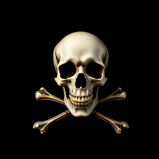 Create a high-resolution image of a pirate skull and crossbones on a solid black background, using a DSLR camera with a 50mm lens, aperture set to f/2.8, ISO 100, and shot from a straight-on view for clarity and detail.