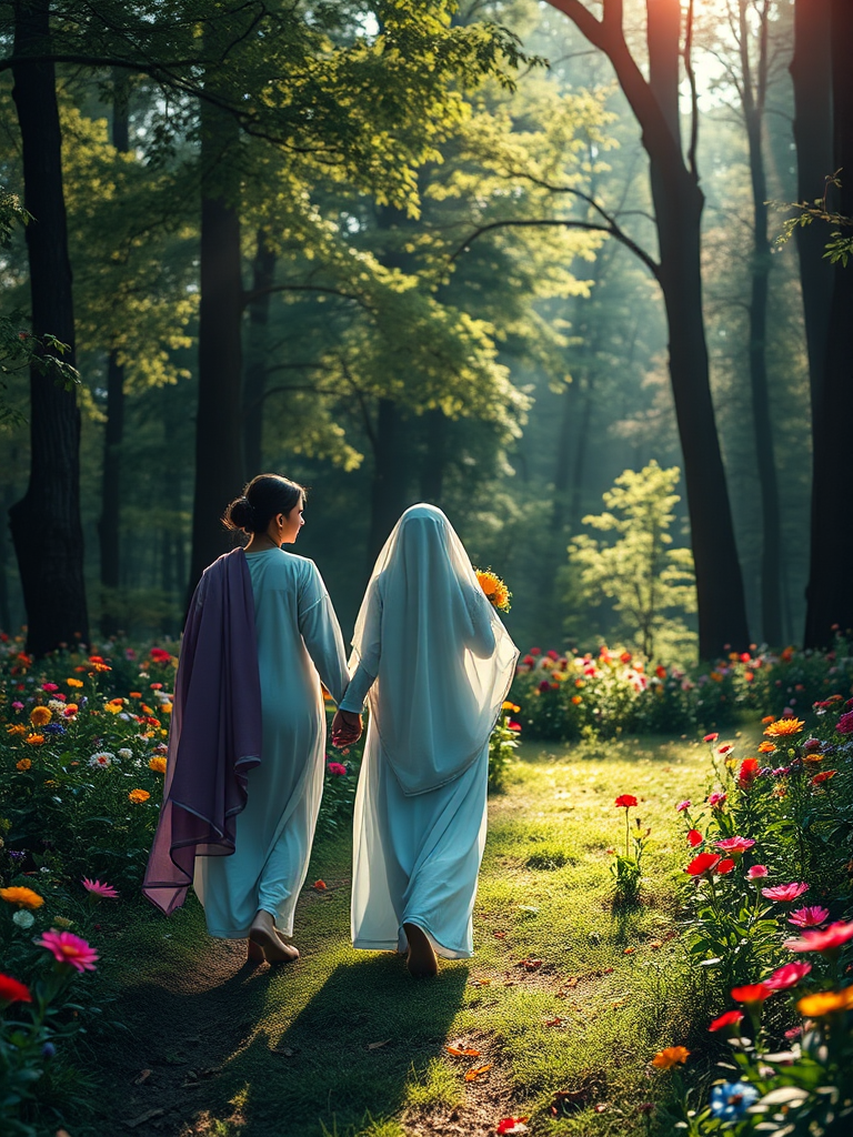 Regenerate a vibrant scene of divine figures walking hand in hand in a lush forest with colorful flowers, soft sunlight filtering through the trees, using a Canon EOS R5, 50mm lens, f/1.8 aperture, ISO 100, and a shallow depth of field for a dreamy effect.