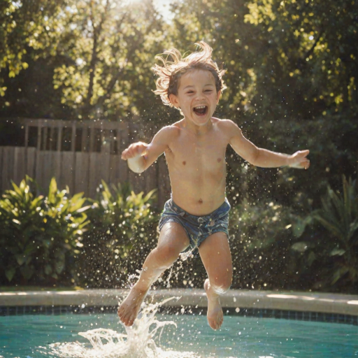 Blurry candid shot of a child jumping into a pool on a summer day, water splashing in all directions, with soft sunlight reflecting off the water and distant laughter in the background.