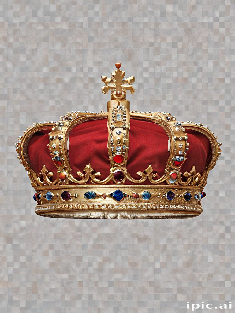 Regal Crown Adorned with Jewels and Rich Red Velvet Interior