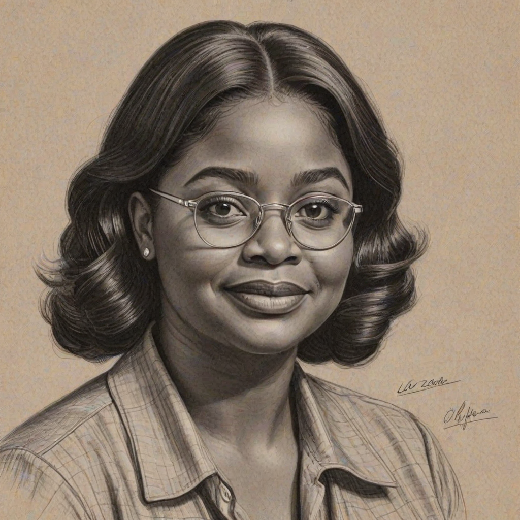 Enchanting Octavia Spencer, pencil sketch, portrait of Exquisite woman 1947s in glasses, hair style beatnik, outline, clear lines, fine lines, 8k