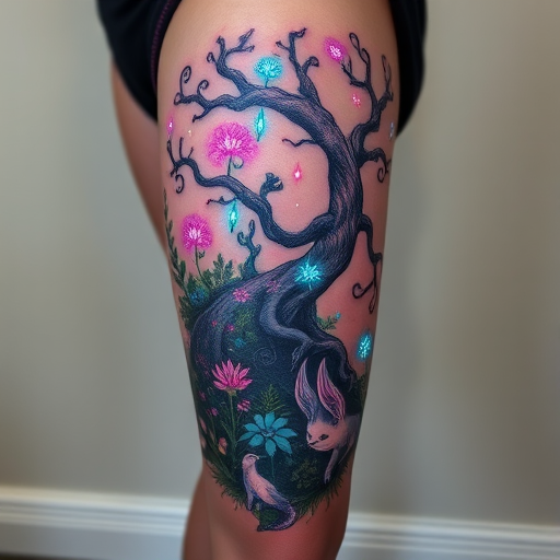 Whimsical body tattoo depicting a enchanted forest scene wrapping around the thigh, featuring mystical creatures and bioluminescent flora in dreamy pastel hues