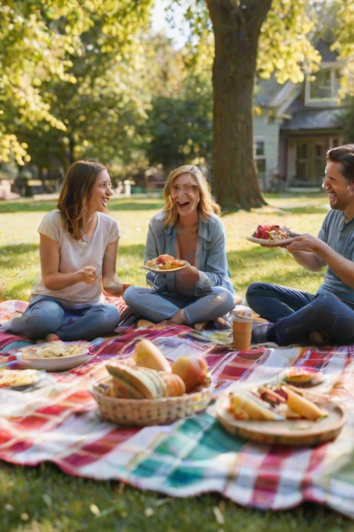 Blurry action shot of a family enjoying a picnic on a sunny day, with colorful blankets spread out, laughter echoing, and food spread out around them.