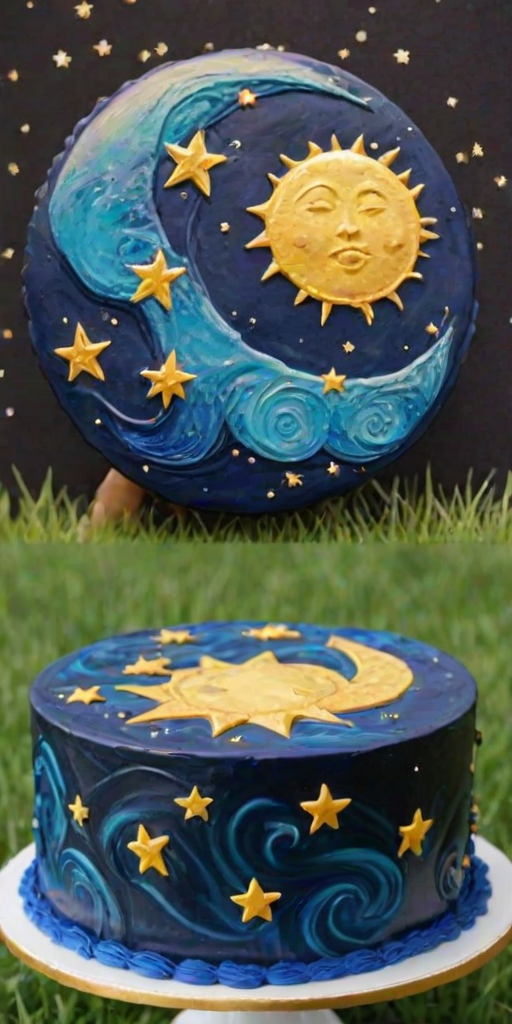 Create an image of a round cake with a cosmic theme. The cake should be decorated in dark blue icing, featuring swirls and stars. Include golden elements like a sun motif and crescent moons. The background should show a grassy area to highlight the cake's vibrant colors.