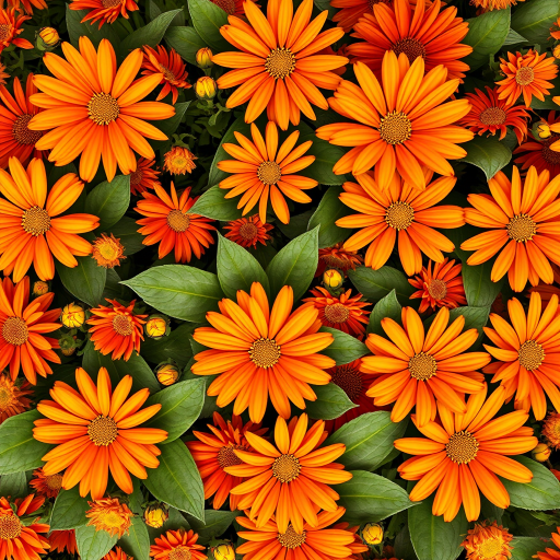 Create a vibrant floral pattern featuring orange flowers with yellow centers and green leaves, shot with a DSLR camera at f/8 aperture, ISO 100, 50mm lens, using soft natural light for enhanced color saturation and clarity.