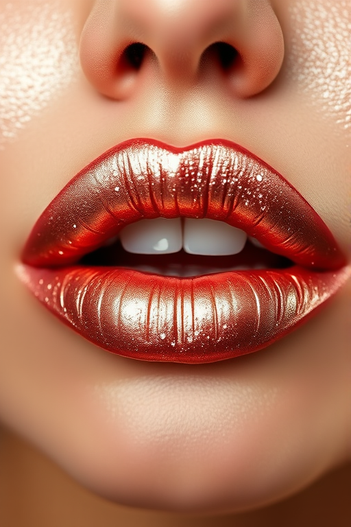 Shimmering rose gold metallic lips, dubbed "Gilded Petal," showcasing a high-shine finish and light-reflecting particles for a dazzling, multidimensional look
