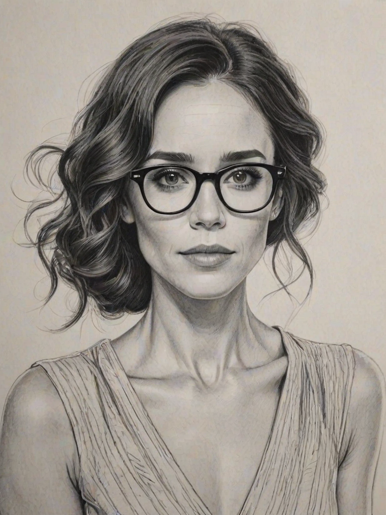 Exquisite Abigail Spencer, pencil sketch, portrait of Fetching woman 1921s in glasses, hair style beatnik, outline, clear lines, fine lines, 8k