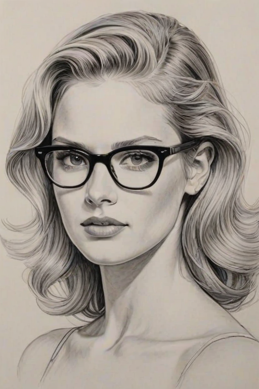 Sublime Erin Heatherton, pencil sketch, portrait of Resplendent woman 1951s in glasses, hair style beatnik, outline, clear lines, fine lines, 8k