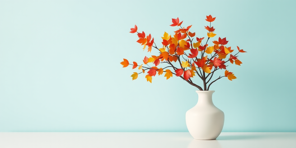 Create a minimalist still life of a white vase with a decorative tree featuring colorful leaves against a soft turquoise background, shot with a Canon EOS 5D Mark IV at f/2.8, ISO 100, 1/125 sec, using a shallow depth of field to enhance focus on the vase and tree, with natural lighting from the left side.
