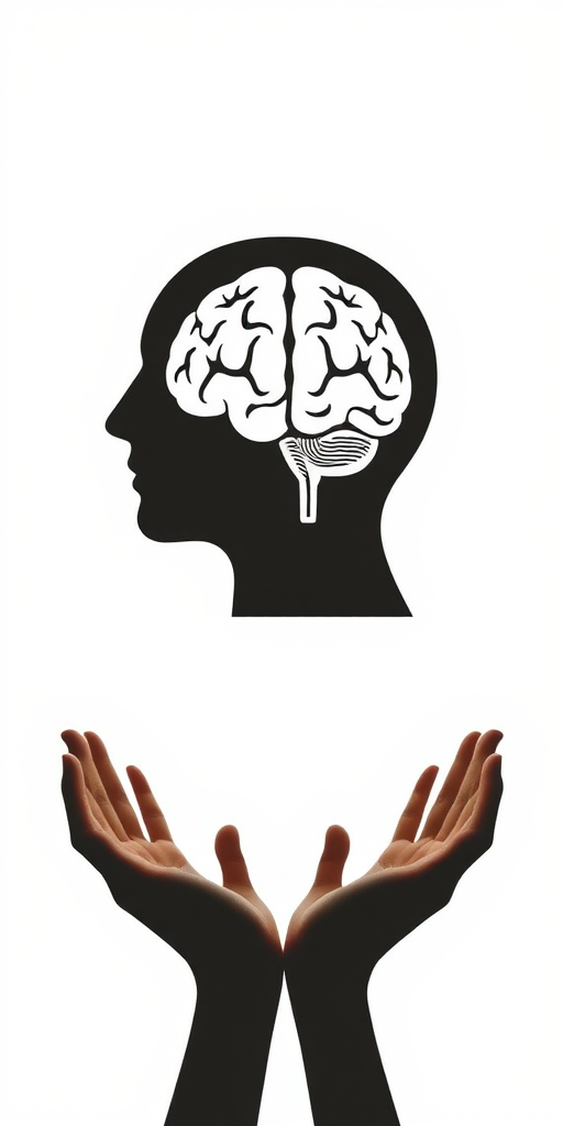 A minimalistic graphic featuring a silhouette of a head in profile with a brain illustration inside, supported by two hands below, high resolution, 300 DPI, soft lighting, shallow depth of field, taken with a DSLR camera at f/2.8, 50mm lens, ISO 100, natural light.
