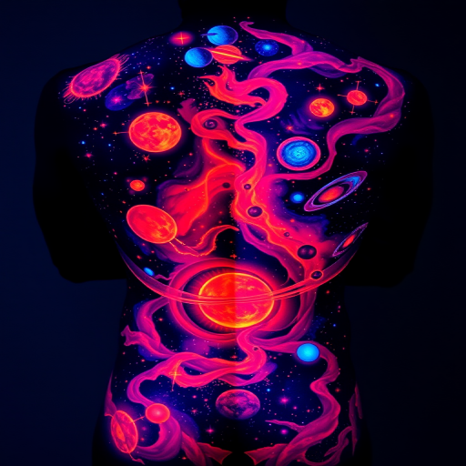 Mesmerizing UV blacklight tattoo covering the entire back, revealing a cosmic scene with glowing celestial bodies and swirling nebulae, visible only under ultraviolet light for a captivating secret effect