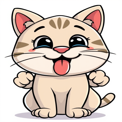 Cute cartoon cat with a happy expression hands on cheeks tongue out simple lines white background