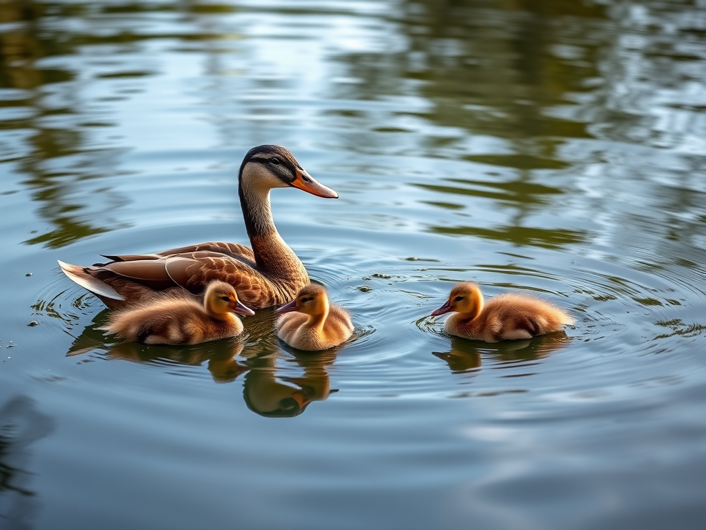 Capture a serene scene of a mother duck with her ducklings swimming in a pond, using a Canon EOS 5D Mark IV at f/4.0, ISO 100, 1/500 sec, with a shallow depth of field to blur the background, shot from a low angle to emphasize the reflections on the water surface.