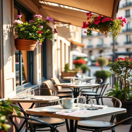 Soft-focus image of a quaint cafeterrace in Paris, with tables set for breakfast, soft morning light casting gentle shadows, and flowers blooming in window boxes.