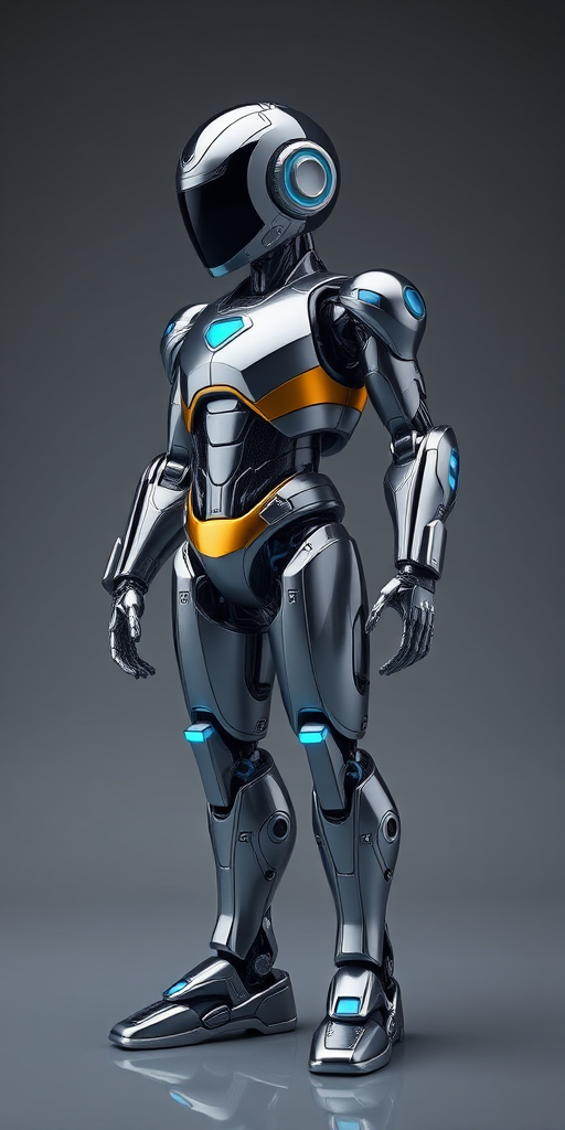 Create a high-resolution 3D rendering of a metallic robot with glowing blue accents and a yellow body, positioned in a neutral stance against a smooth gray background, using a Canon EOS 5D Mark IV, 50mm lens, f/8 aperture, ISO 100, with a soft box light to enhance reflections and details.