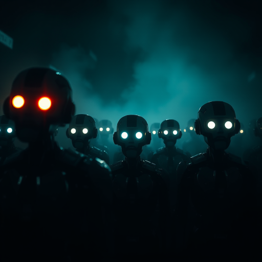 Create a dark, atmospheric image of a crowd of robotic figures with glowing eyes in a misty environment, shot with a Canon EOS R5, 50mm lens, f/1.8 aperture, ISO 200, 1/60 sec exposure, low-angle view, utilizing dramatic lighting for enhanced contrast.