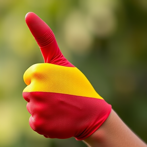 A close-up of a hand painted in the colors of the German flag, showing a thumbs up gesture, captured with a DSLR camera at f/2.8 aperture, ISO 100, 50mm lens, soft natural light, shallow depth of field, high resolution.