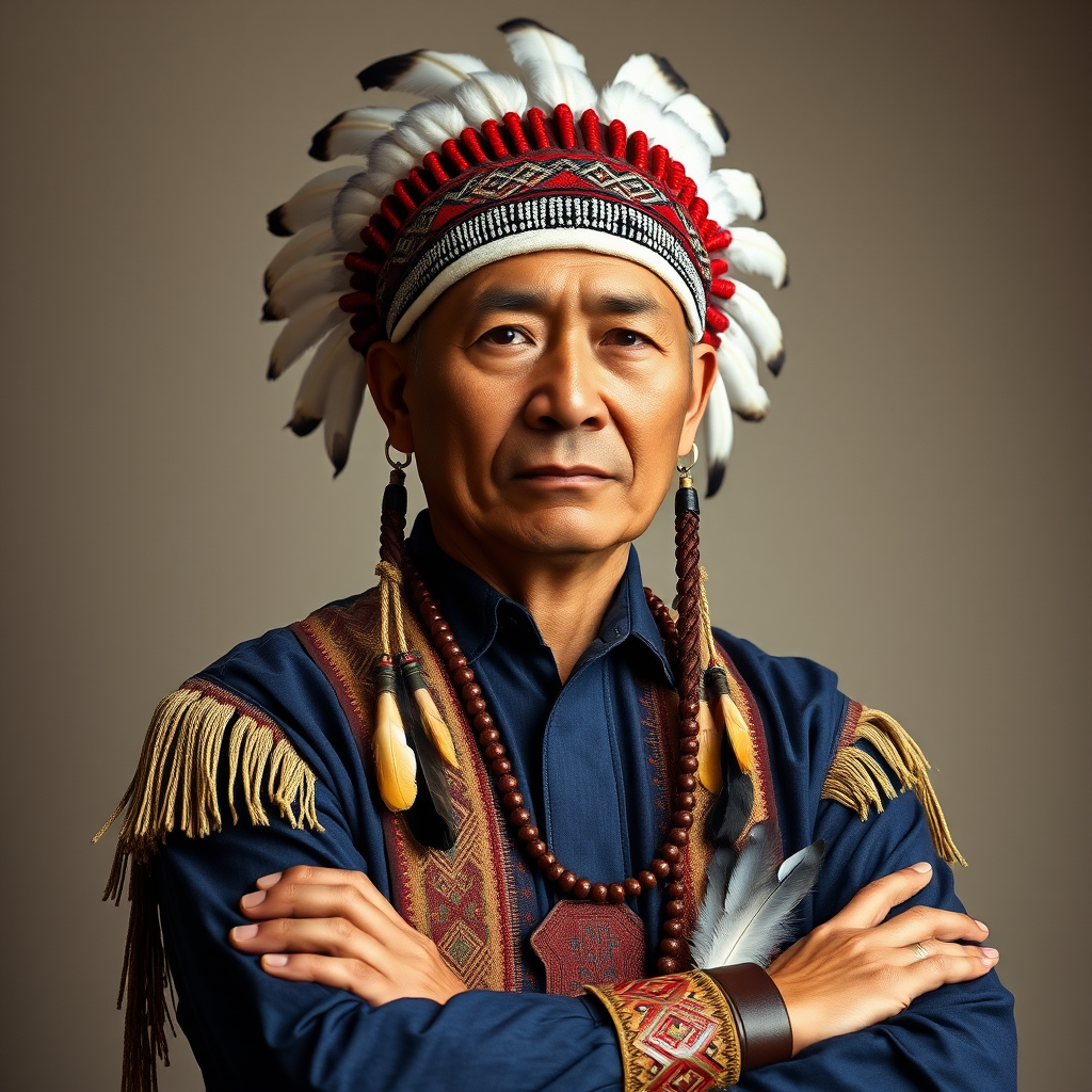 Create a dignified portrait of a Native American man dressed in traditional attire. He wears a beautifully crafted headdress adorned with white feathers and red beads, along with a beaded headband featuring intricate patterns. His clothing includes a deep blue, patterned shirt and a traditional chest piece with detailed beadwork. His arms are crossed, displaying leather armbands decorated with feathers. The background is simple and neutral, emphasizing his proud and stoic expression. The overall image captures the rich cultural heritage and strength of his persona.